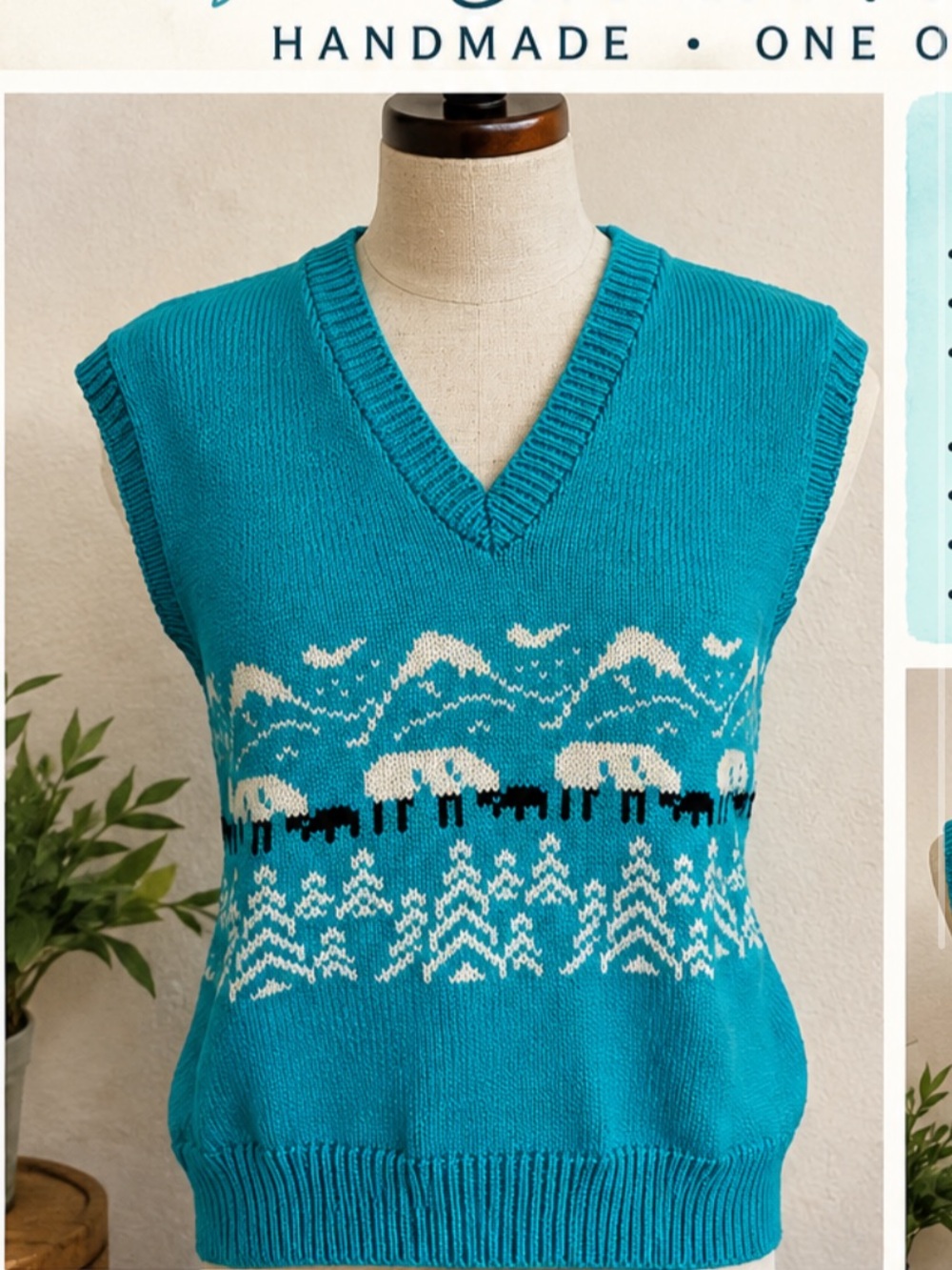 Handmade Teal Knit Vest Nordic style mountains and sheep Unique